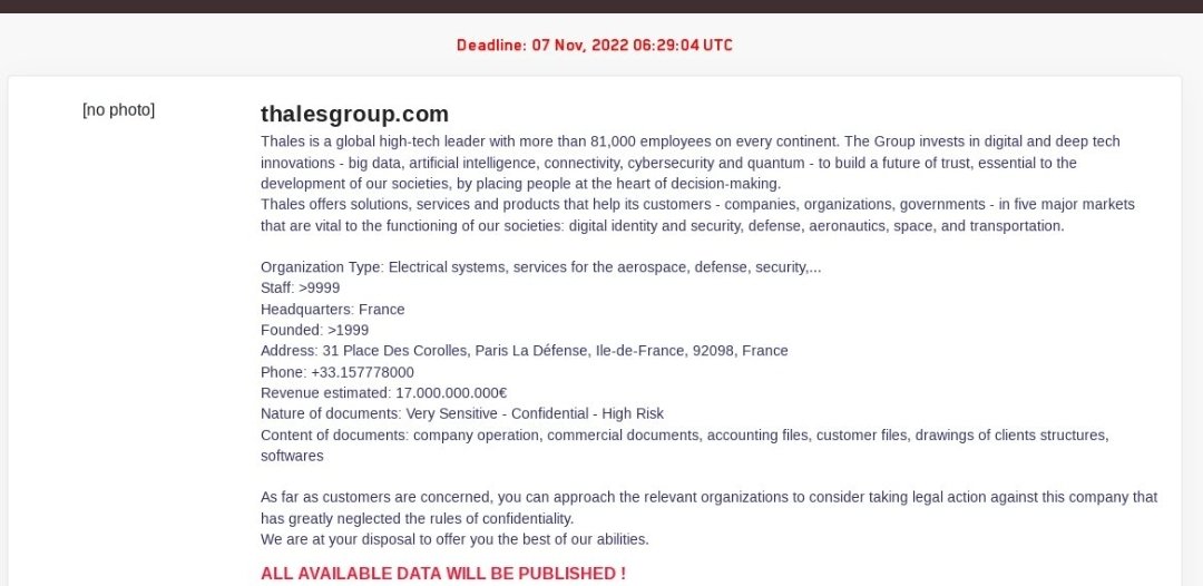 Lockbit 3.0 attacks Thales group and threatens to leak stolen data