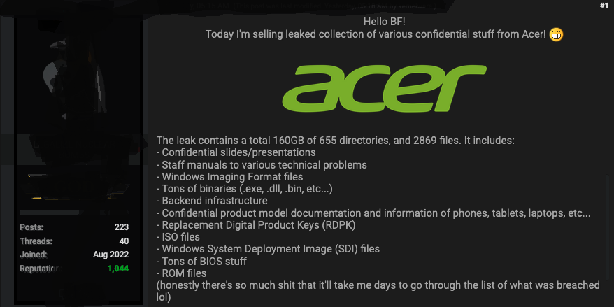 Acer confirms the breach after hacker offers to sell stolen data
